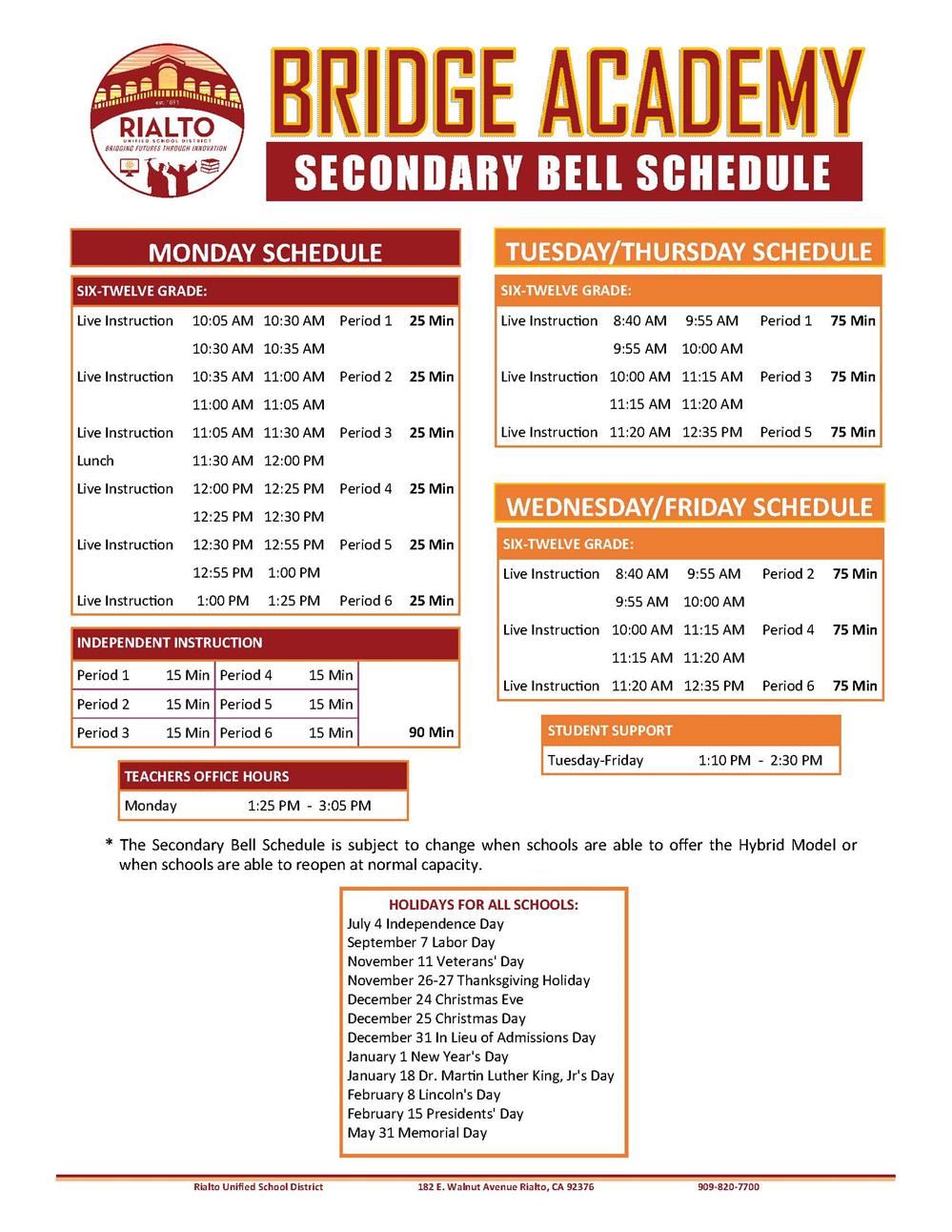 Bell Schedule / Bridge Academy Bell Schedule